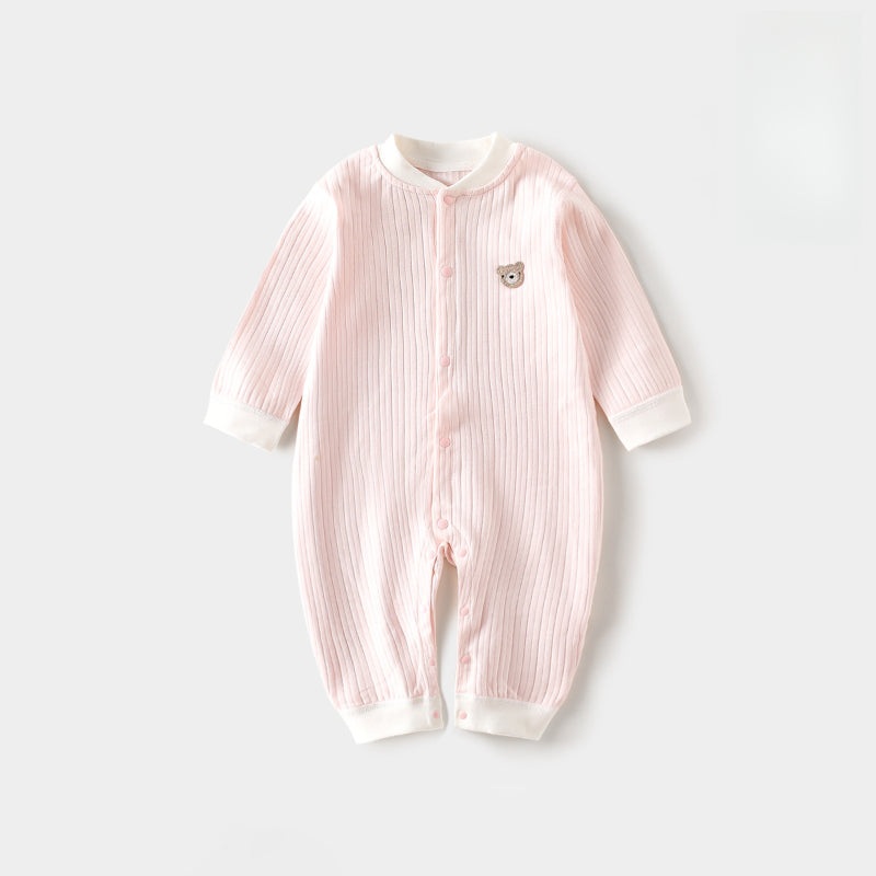 100% Cotton Long Sleeve Snap-Up Romper – Pink Bear Pink Bear 3-6 M