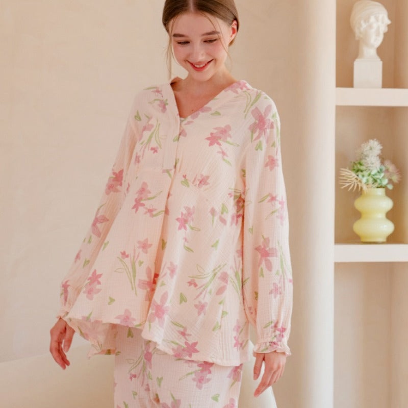 100% Cotton Muslin Maternity & Nursing Pajama Set- Pink Bloom Pink Bloom M/ US 0-2