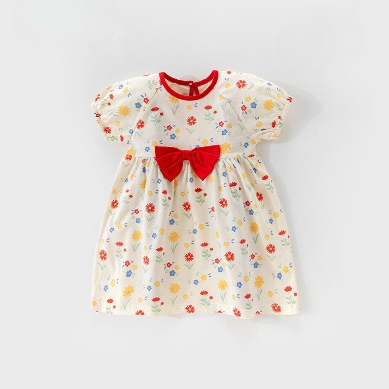 100% Cotton Short Sleeve Dress – Red Bowknot Garden Red Flowers & Bowknot 6-9 M