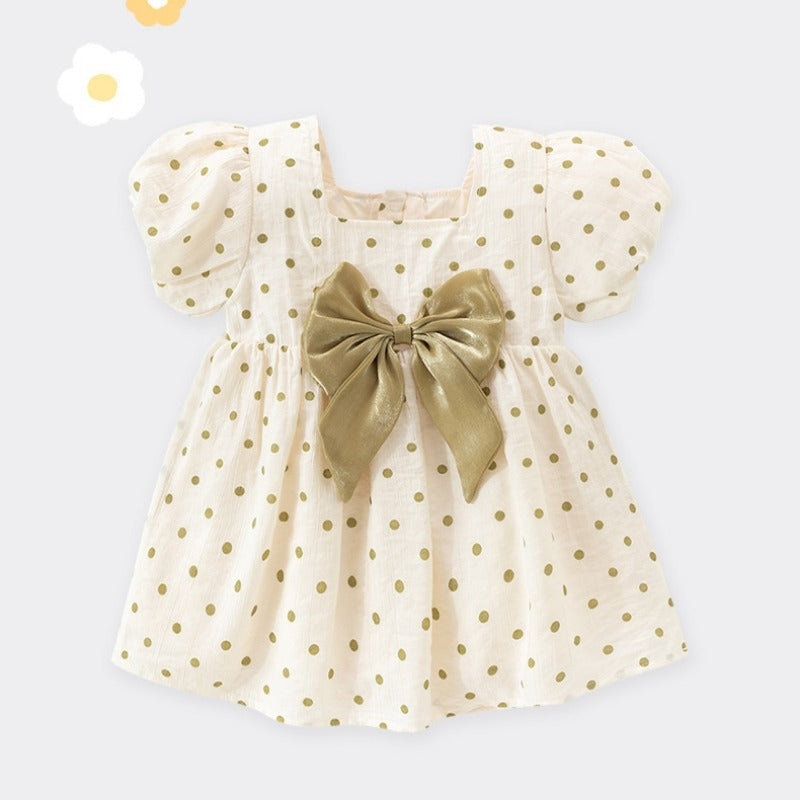 100% Cotton Short-Sleeve Princess Dress – Green Spots & Bowknot Spotted with Bowknot 9-12 M