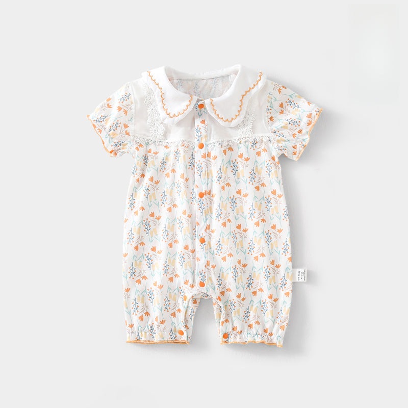 100% Cotton Short Sleeve Snap-Up Romper – Orange Floral Orange Floral 3-6 M