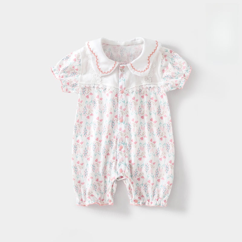 100% Cotton Short Sleeve Snap-Up Romper – Pink Floral Pink Floral 3-6 M