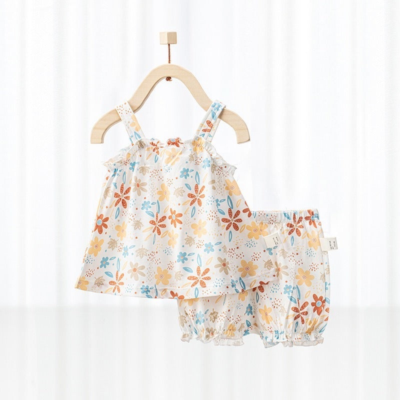 100% Cotton Spaghetti Strap Top & Pants Set – Orange Spring Flowers Orange Spring Flowers 6-9 M