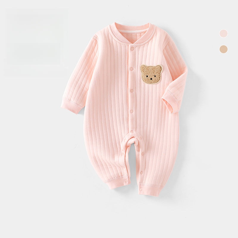 100% Cotton Warm Long Sleeve Snap-Up Romper – Pink Bear Pink Bear 0-3 M