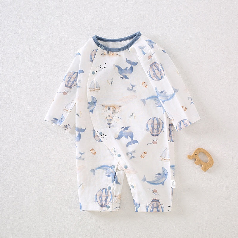 Cotton & Bamboo Muslin Long Sleeve Romper – Cute Whale Dream Whale 0-3 M