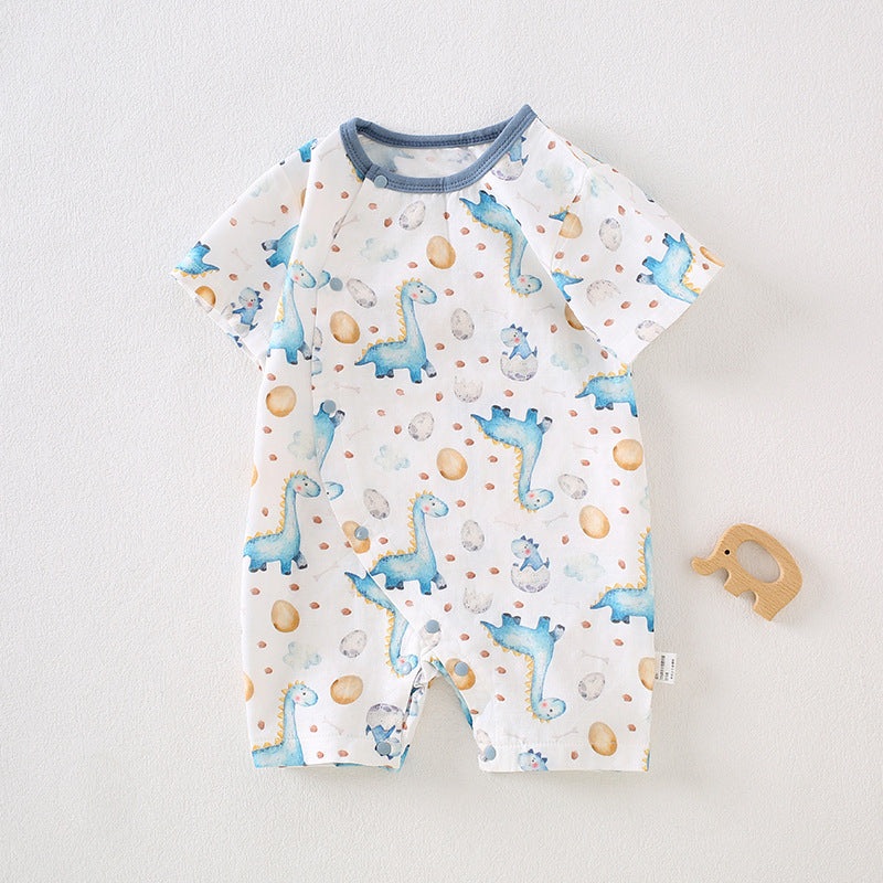 Cotton & Bamboo Muslin Short Sleeve Romper – Blue Dinosuar Blue Dinosaur 0-3 M