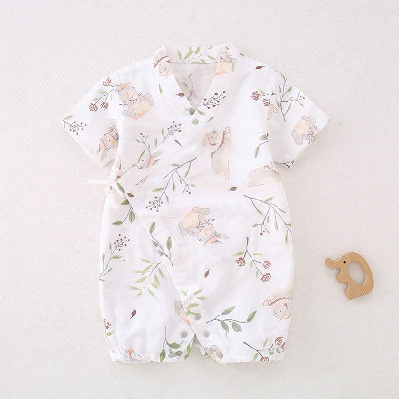 Cotton & Bamboo Muslin Short Sleeve Romper – Cute Bunny Cute bunny 0-3 M