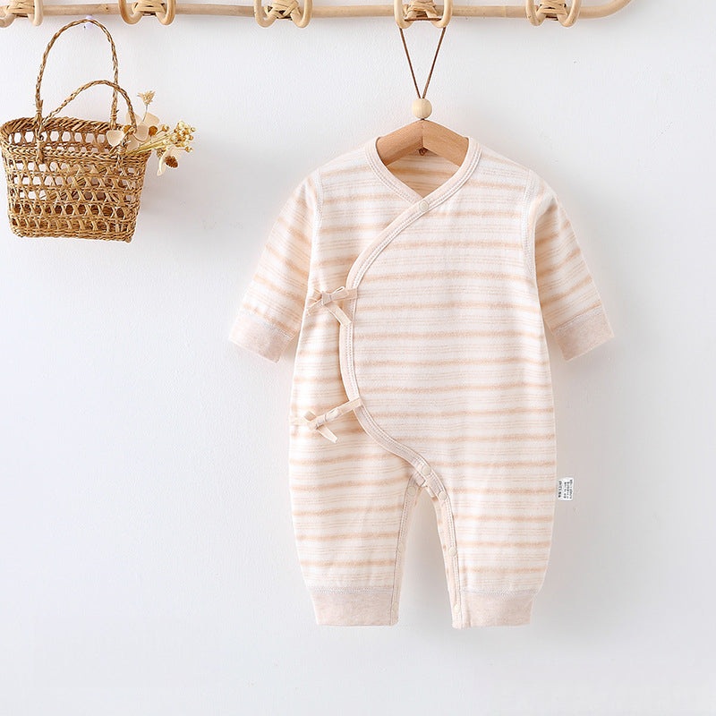 Cotton Long Sleeve Kimono Romper – Beige Stripe Beige Stripe NB