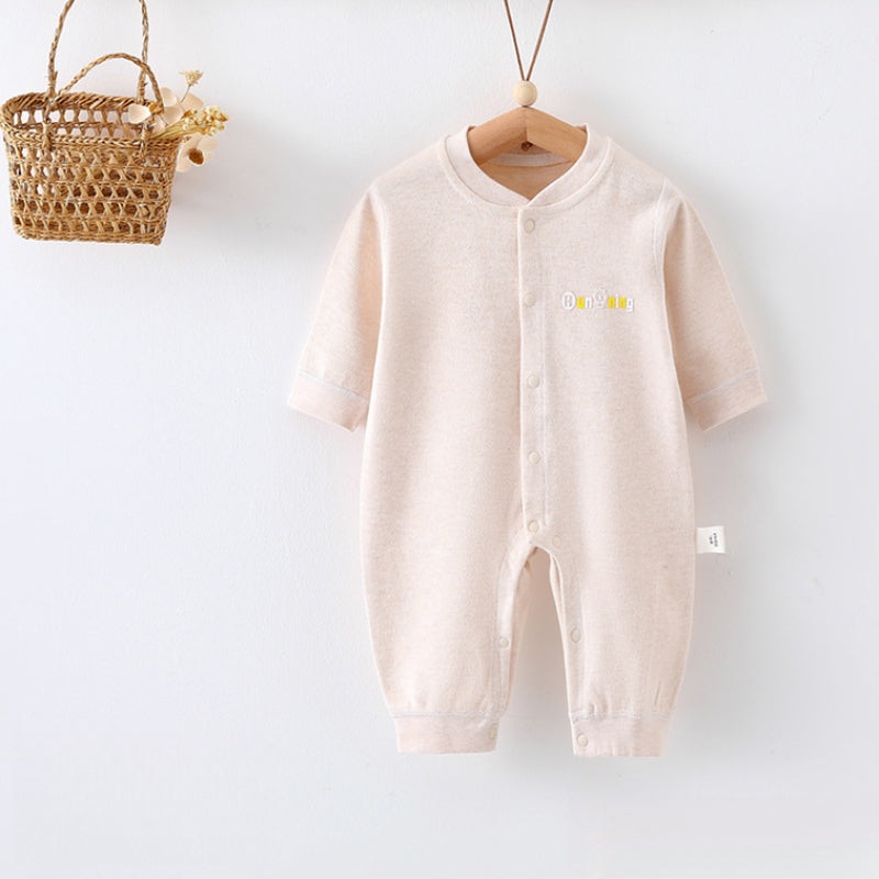 Cotton Snap-Up Long Sleeve Romper – Beige Beige 0-3 M
