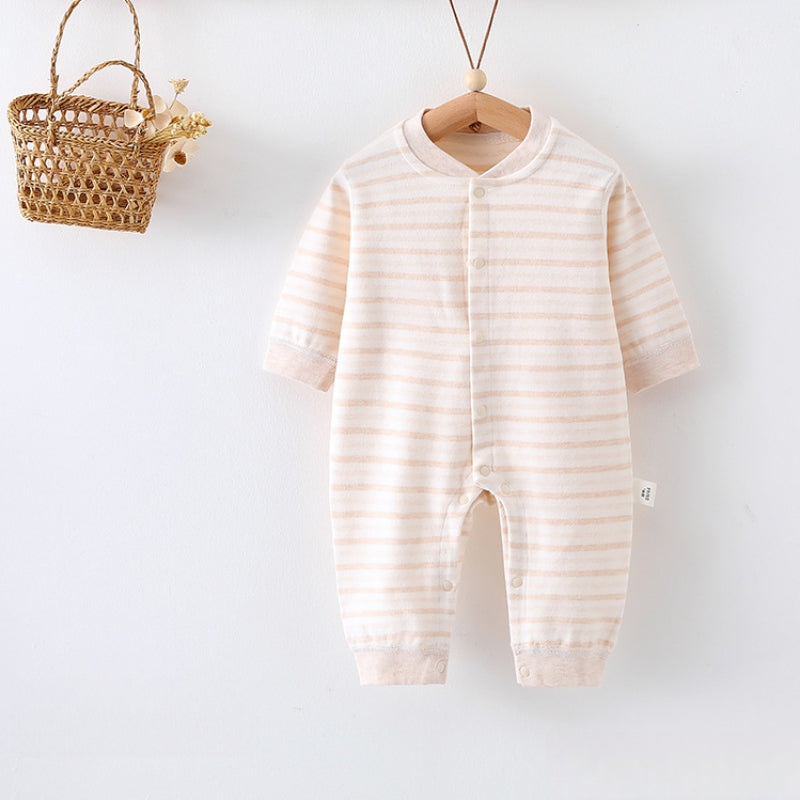 Cotton Snap-Up Long Sleeve Romper – Beige Stripe Beige Stripe 0-3 M