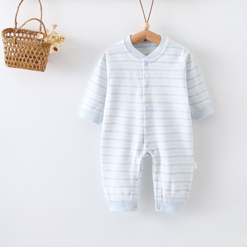 Cotton Snap-Up Long Sleeve Romper – Blue Stripe Blue Stripe 0-3 M