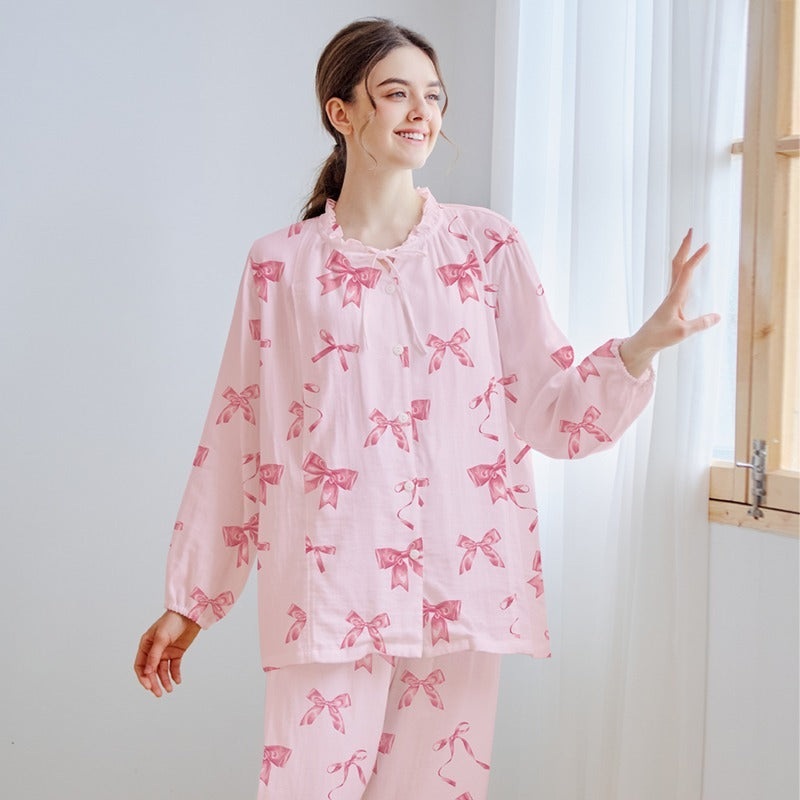 Organic Cotton Muslin Button-Up Maternity & Nursing Pajama – Pink Bowknot Pink Bowknot M/ US 0-2
