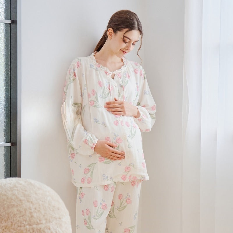 Organic Cotton Muslin Button-Up Maternity & Nursing Pajama – Pink Tulip Pink Tulip M/ US 0-2