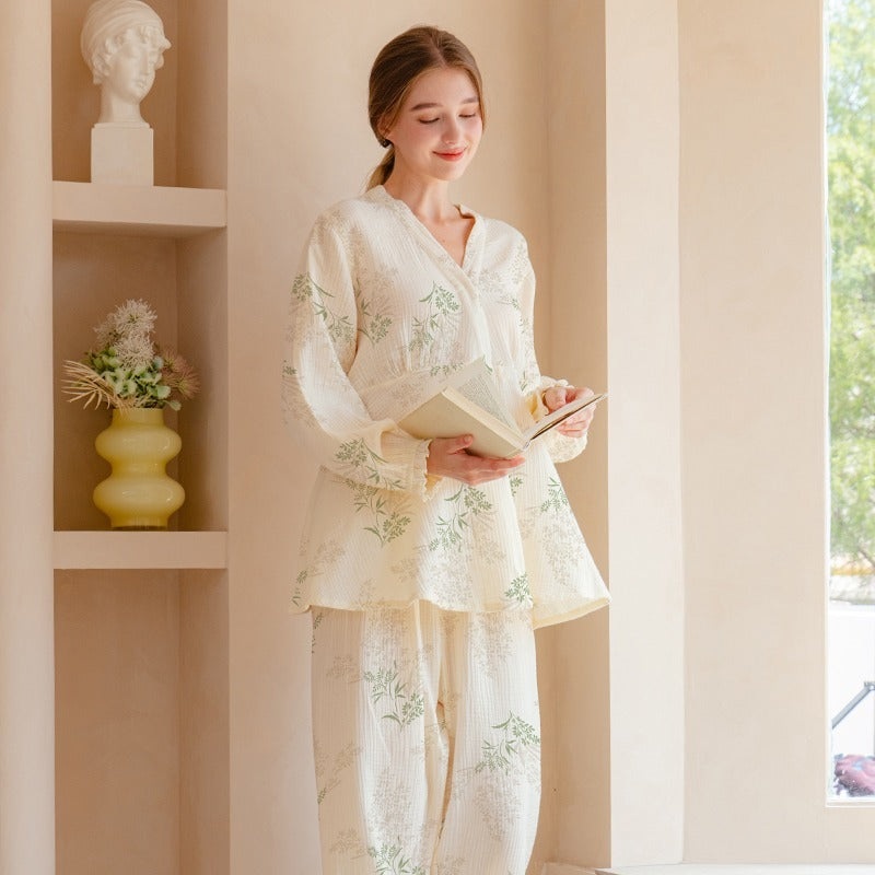 100% Cotton Muslin Maternity & Nursing Pajama Set- Green Spring Leaves Green Spring Leaves M/ US 0-2