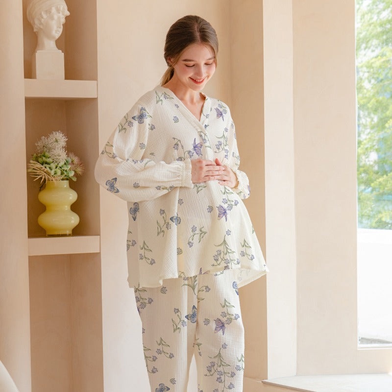 100% Cotton Muslin Maternity & Nursing Pajama Set- Purple Flowers Purple Flowers M/ US 0-2