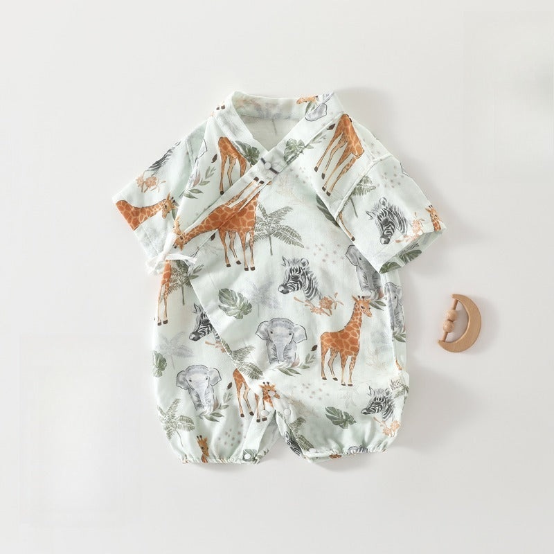Cotton & Bamboo Muslin Short Sleeve Kimono Romper – African Savannah African Savannah 3-6 M
