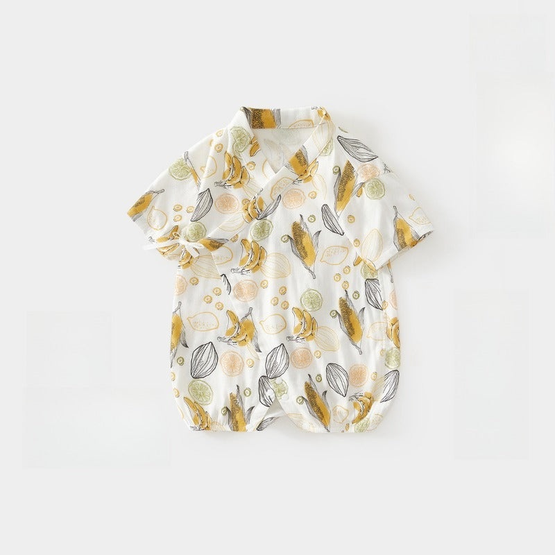 Cotton & Bamboo Muslin Short Sleeve Kimono Romper – Banana Banana 0-3 M