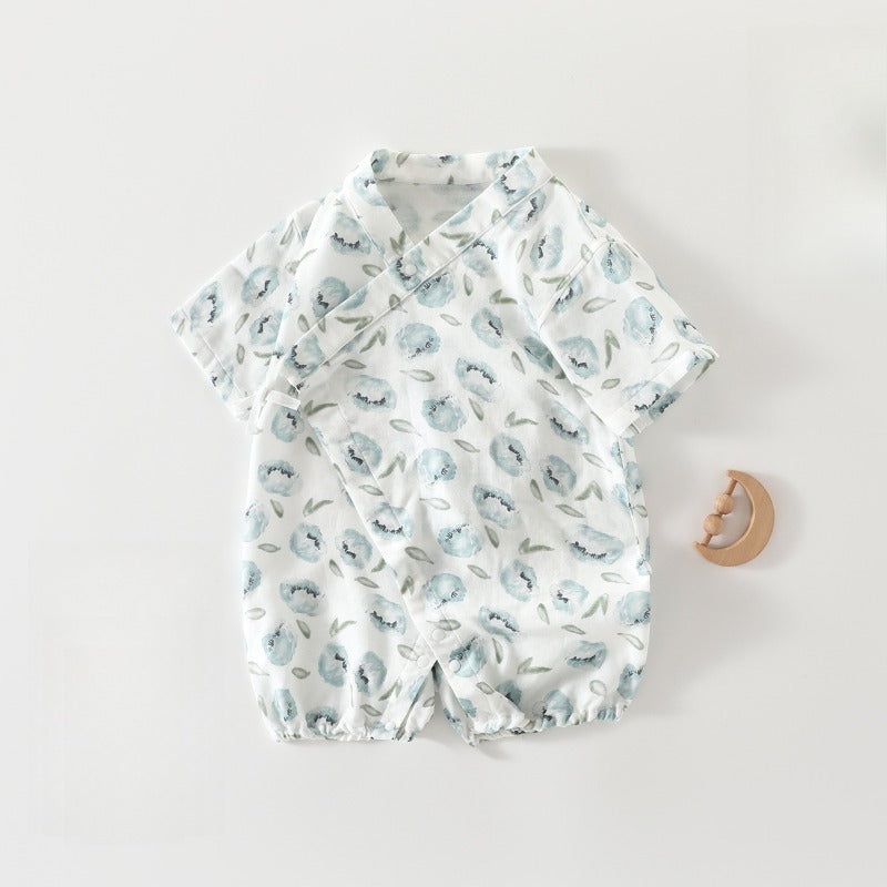Cotton & Bamboo Muslin Short Sleeve Kimono Romper – Blue Flowers Blue Flowers 3-6 M