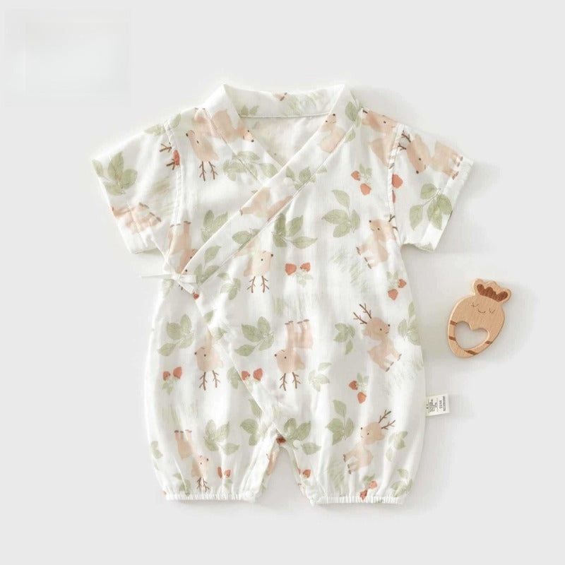 Cotton & Bamboo Muslin Short Sleeve Kimono Romper – Cute Deer Cute Deer 0-3 M