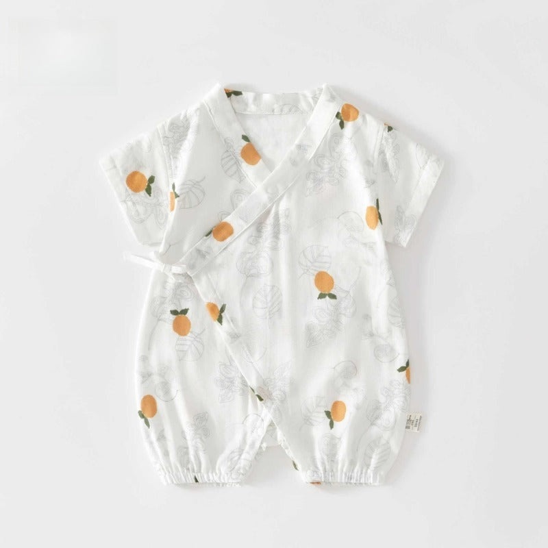 Cotton & Bamboo Muslin Short Sleeve Kimono Romper – Lemon Lemon 0-3 M