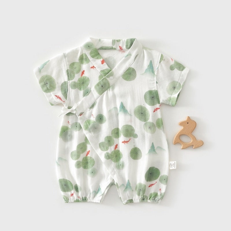 Cotton & Bamboo Muslin Short Sleeve Kimono Romper – Lotus Leaf Lotus Leaf 0-3 M