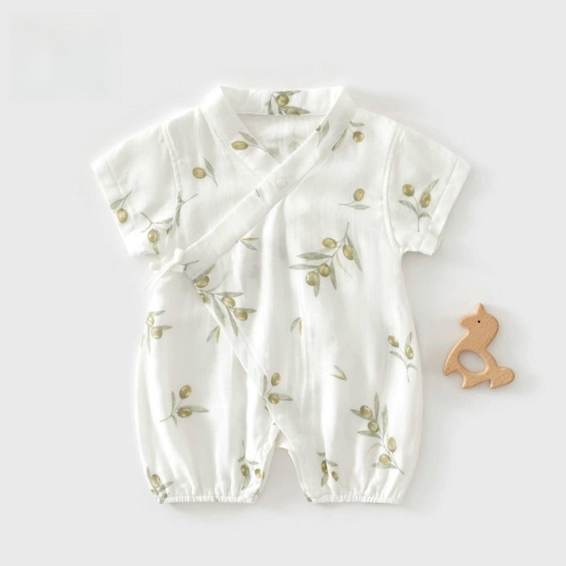 Cotton & Bamboo Muslin Short Sleeve Kimono Romper – Olives Olives 0-3 M