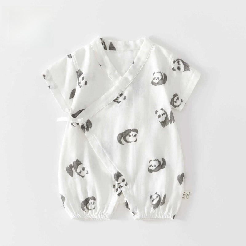 Cotton & Bamboo Muslin Short Sleeve Kimono Romper – Panda Panda 0-3 M