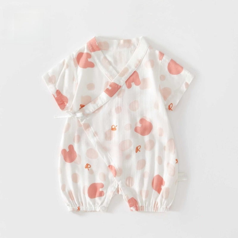 Cotton & Bamboo Muslin Short Sleeve Kimono Romper – Pink Bunny Pink Bunny 0-3 M