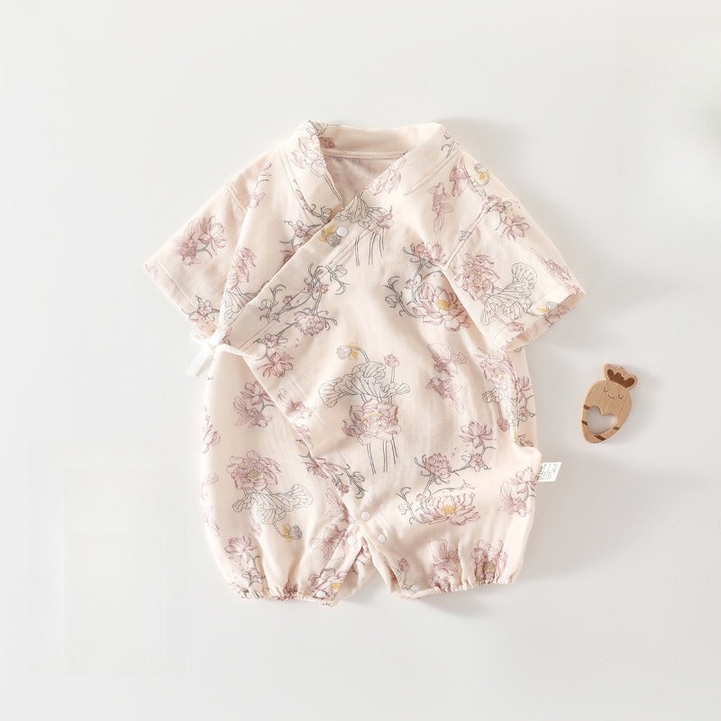 Cotton & Bamboo Muslin Short Sleeve Kimono Romper – Pink Lotus Pink Lotus 3-6 M