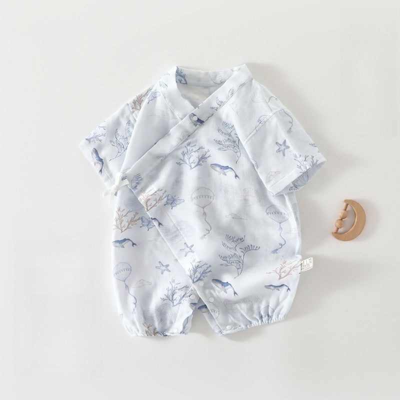 Cotton & Bamboo Muslin Short Sleeve Kimono Romper – Sea World Sea World 3-6 M
