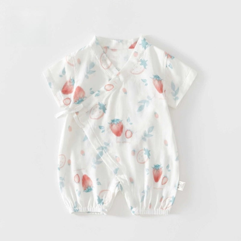 Cotton & Bamboo Muslin Short Sleeve Kimono Romper – Strawberry Strawberry 0-3 M