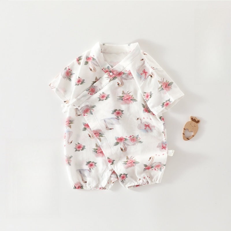 Cotton & Bamboo Muslin Short Sleeve Kimono Romper – Swan & Flowers Swan & Flowers 3-6 M