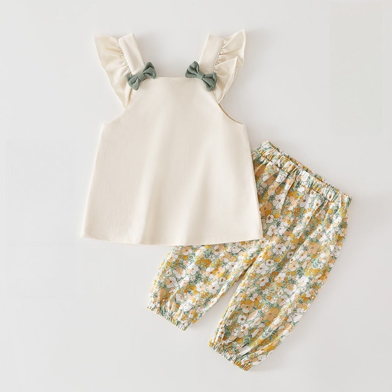 Cotton Flutter-Sleeve Top & Pants Set – Yellow Floral Pants Yellow Floral Pants 3-6 M
