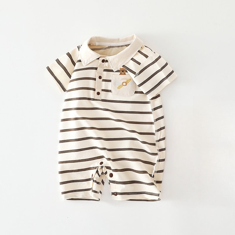 Cotton Short Sleeve Snap-Up Romper – Brown Stripe & Bear Brown Stripe & Bear 3-6 M