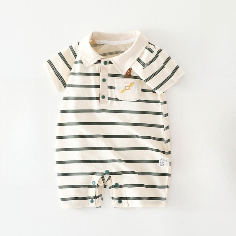 Cotton Short Sleeve Snap-Up Romper – Green Stripe & Bear Green Stripe & Bear 3-6 M