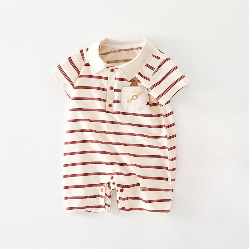 Cotton Short Sleeve Snap-Up Romper – Red Stripe & Bear Red Stripe & Bear 3-6 M