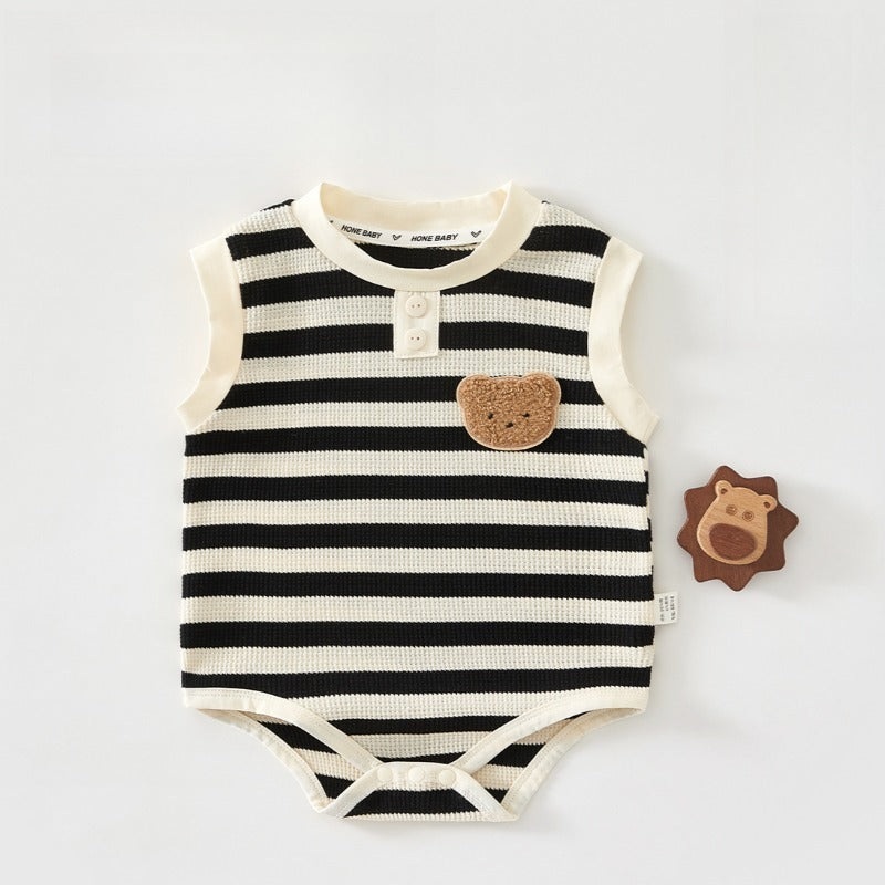 Cotton Sleeveless Overhead Bodysuit – Black Stripe & Bear Black Stripe 3-6 M