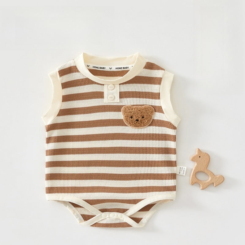 Cotton Sleeveless Overhead Bodysuit – Brown Stripe & Bear Brown Stripe 3-6 M