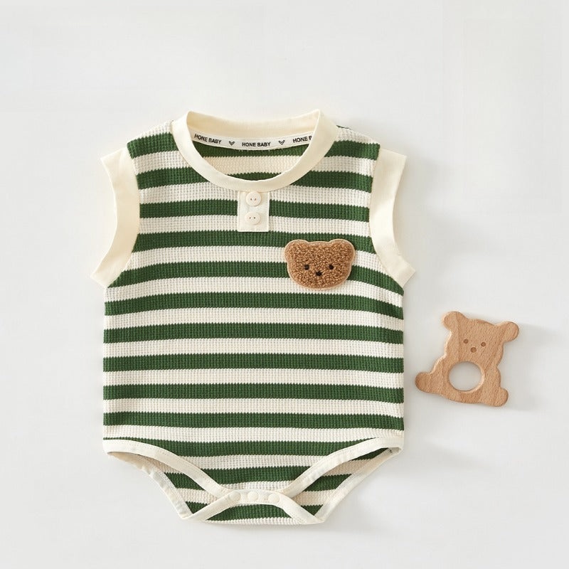 Cotton Sleeveless Overhead Bodysuit – Green Stripe & Bear Green Stripe 3-6 M