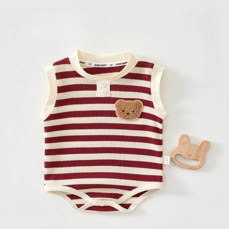 Cotton Sleeveless Overhead Bodysuit – Red Stripe & Bear Red Stripe 3-6 M