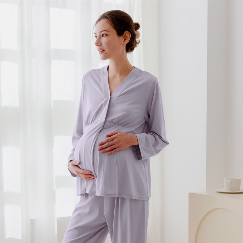 Cotton Snap-Up Maternity & Nursing Pajama Set-  Purple Purple M/ US 0-2