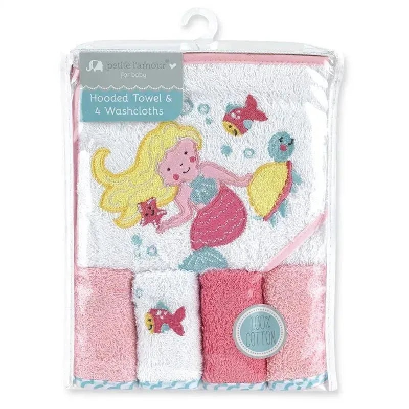 Cotton Pink Grey Hooded Towel and Washcloth Set (Mermaid)