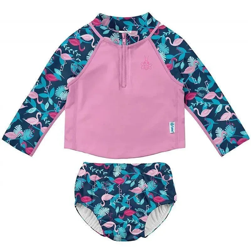 Iplay – 2Pc Rashguard Set With Snap Reusable Absorbent Swim Diaper, Navy Flamingos