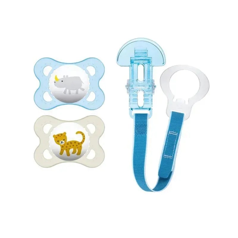 MAM 2-Pack 0-6 Months Animal Pacifiers & Pacifier Clip – Boy