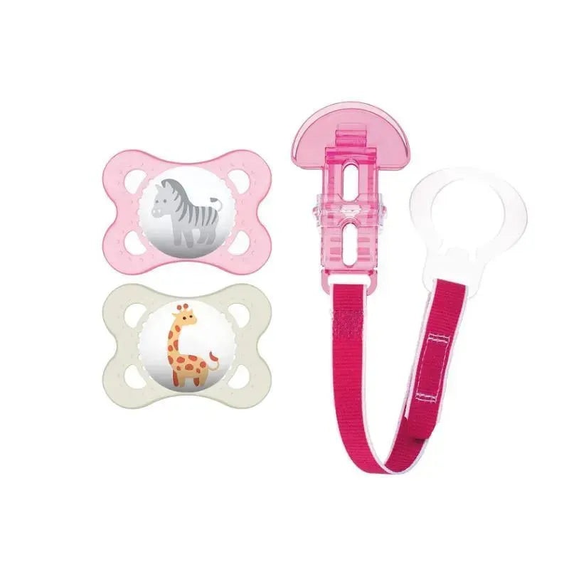 MAM 2-Pack 0-6 Months Animal Pacifiers & Pacifier Clip – Girl