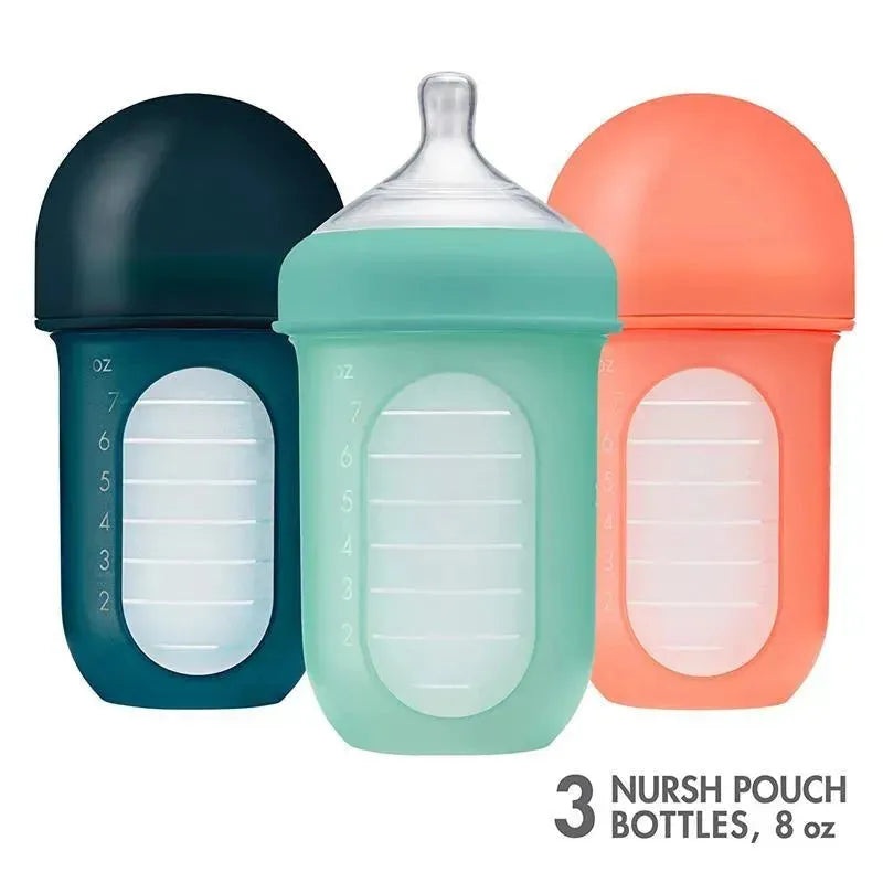 Boon – 3Pk Nursh Silicone Bottle 8Oz, Mint/Cantaloupe/Navy