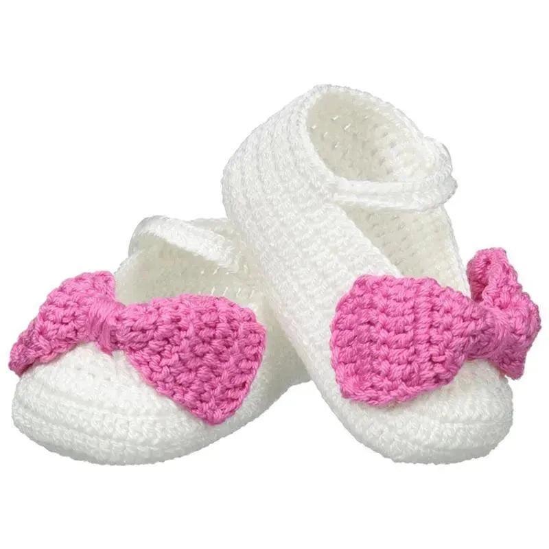 Jefferies Socks Baby-Girls Newborn Mary Jane Bow Crochet Bootie, White/Bubblegum
