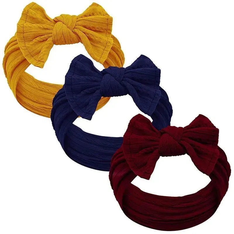 Jlika – Thick Nylon Texture Bow 3 Headbands, Mustard/Navy/Burgundy