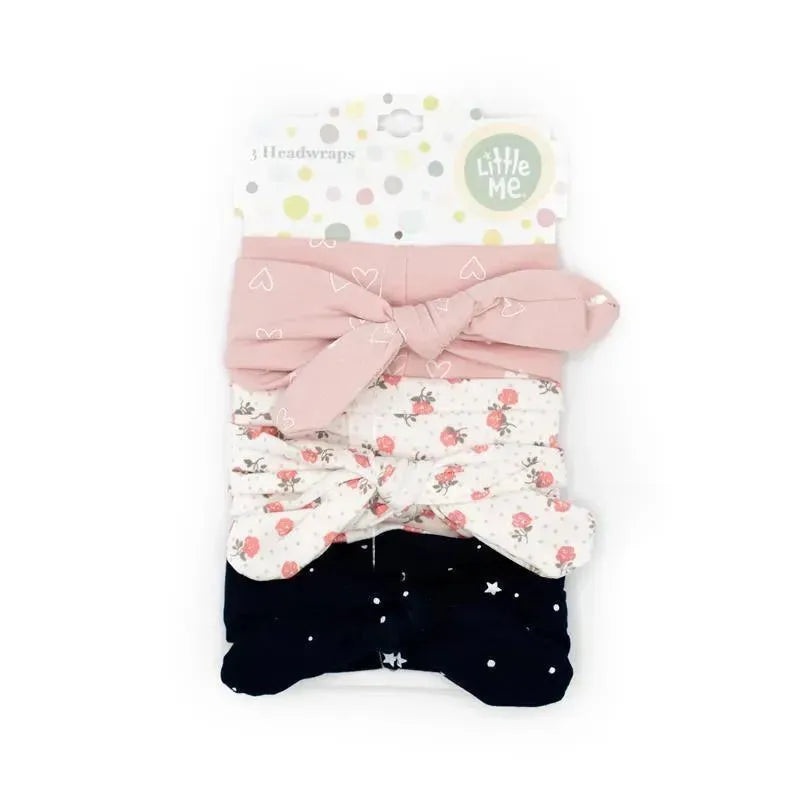 Little Me 3Pk Baby Girl Head Wraps Heart,Roses,Stars