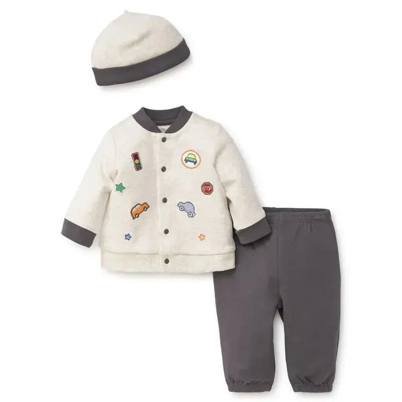 Little Me Car Patch Cardigan W/ Hat Set Grey